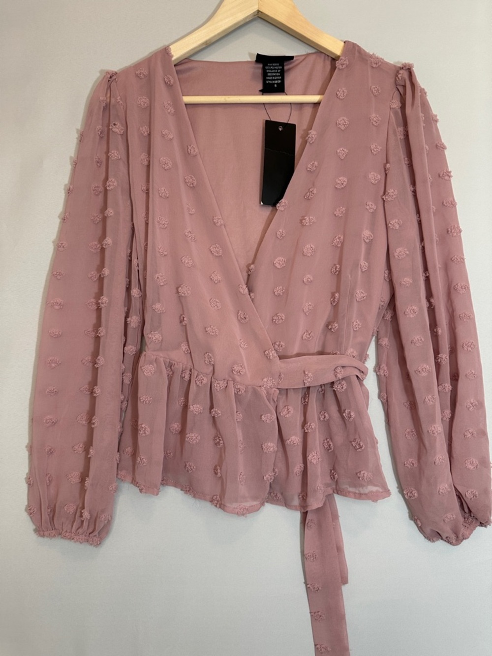Liv Los Angeles Womens Blouse Size S Swiss Dot Pink Ruffle Hem Tie Knot Wrap Top